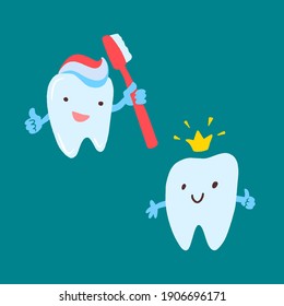 Cute teeth set. Hand drawn cartoon characters with different emotions. Vector illustration in flat trendy style isolated on turquoise background.