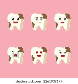 cute teeth tartar and yellow plaque tooth with various face expression vector