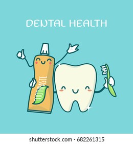Cute teeth and toothpaste. Vector illustration.