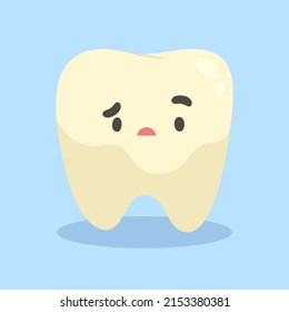 Cute Teeth With Yellow Stain On Enamel Surface Or Plaque. Unhealthy Tooth. Flat Vector Illustration Cartoon For Kids, Education, Dentistry, Oral Health.