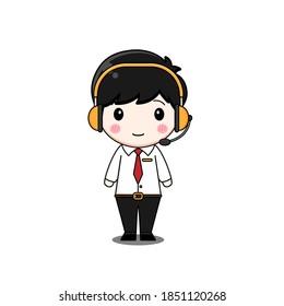 Cute telemarketing phone operator Vector illustration of chibi character isolated on white background.
