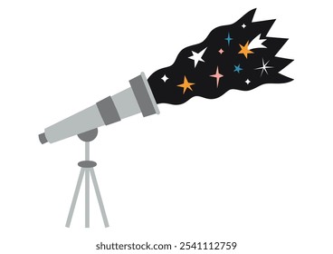 Lindo telescopio para la observación de estrellas, la exploración espacial. Concepto de astronomía y astrología, estrellas en el universo. Ilustración vectorial moderna de moda aislada en el fondo blanco, dibujado a mano, diseño plano