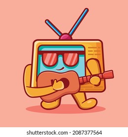 cute television character mascot playing guitar isolated cartoon in flat style