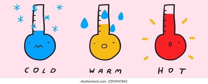 Cute temperature thermometers. Studying for kids. Hand drawn graphic design. Vector illustrations on pink background.