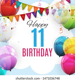 Cute Template 11 Years Anniversary. Group of Colour Glossy Helium Balloons Background. Vector Illustration EPS10