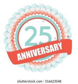 Cute Template 25 Years Anniversary with Balloons and Ribbon Vector Illustration EPS10