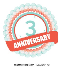 Cute Template 3 Years Anniversary with Balloons and Ribbon Vector Illustration EPS10