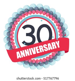 Cute Template 30 Years Anniversary with Balloons and Ribbon Vector Illustration EPS10