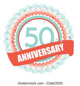Cute Template 50 Years Anniversary with Balloons and Ribbon Vector Illustration EPS10