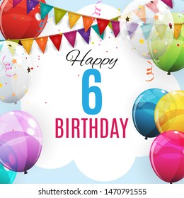 Cute Template 6 Years Anniversary. Group of Colour Glossy Helium Balloons Background. Vector Illustration EPS10