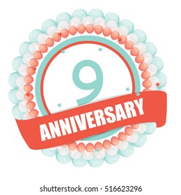 Cute Template 9 Years Anniversary with Balloons and Ribbon Vector Illustration EPS10