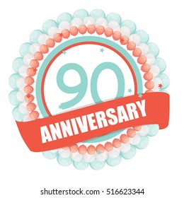 Cute Template 90 Years Anniversary with Balloons and Ribbon Vector Illustration EPS10