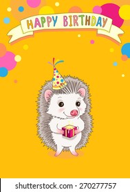 Cute template  for birthday party invitation. Smiling hedgehog with gift on yellow background