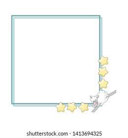 Cute template with a blue square frame, yellow stars, jumping sheep and copy space. White background. Cartoon style illustration. Vector.