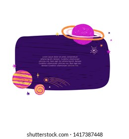 Cute template design layout with illustration of planet and stars. Banner of doodle style universe and galaxy. Frame decoration with Space elements in cartoon style . Vector.