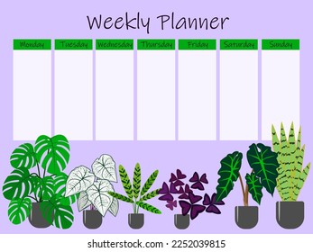 Cute template for a to do list for the week with an illustration of houseplants. Weekly planner organizer. Trendy self organization concept with graphic design elements. Vector illustration