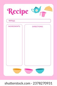 cute template food recipe planner printable with colorful kitchenware vector illustration