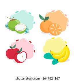 Cute template fruits, Coconut, Orange, Red apple and Banana isolated on white background. Vector illustration.