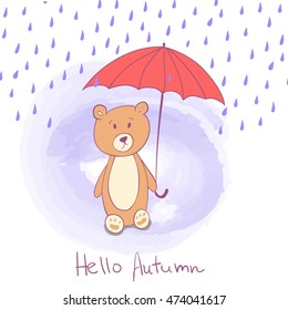 Cute template greeting card. Hello autumn cute card with bear.