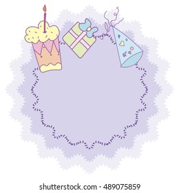 Cute template for invitation, postcard with round frame and party elements
