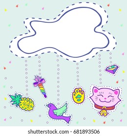 Cute template with modern stickers and cloud. Text copy frame template. It can be used for invitation, birthday, St. Valentine's Day, greetings, party, baby birth. Vector.