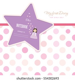 Cute template for notebook cover for girls. My first Diary. Included seamless polka dot pattern in pastel pink. Vector EPS10.