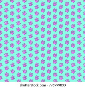 Cute template with pink seamless pattern of animal footprints on light blue background. Vector illustration, backdrop, wallpaper.