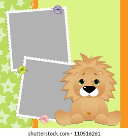 Cute template for postcard with young lion cartoon