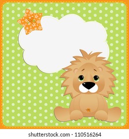 Cute template for postcard with young lion cartoon