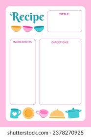 cute template recipe planner printable with colorful kitchenware vector illustration