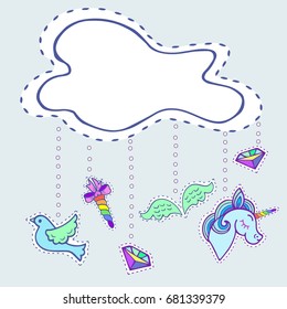 Cute template with stickers and cloud. Text copy frame template. It can be used for invitation, birthday, St. Valentine's Day, greetings, unicorn party, baby birth, good night and sweet dreams card.