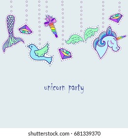 Cute template with stickers. Text copy frame template. It can be used for invitation, birthday, St. Valentine's Day, greetings, unicorn party, baby birth, good night and sweet dreams card. Vector.