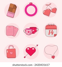 una bonita plantilla para el día de San Valentín con el concepto de regalos de chocolate, cartas de amor y cajas de regalo rosas sobre un fondo rosado.
