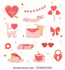 plantilla para el regalo de San Valentín sin problemas. Ilustración del concepto del día de San Valentín de forma de amor, carta de amor, pastel de fondo blanco rosado.