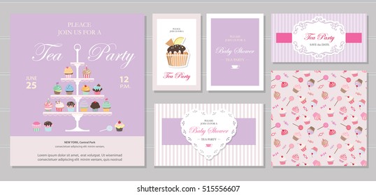 Cute templates with cupcakes stand and sweets in pastel colors. Printable cards and posters. For tea party invitation, bridal, baby shower, birthday. Seamless pattern with cupcakes, lollipop, candies.