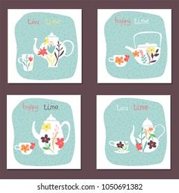 “Teatime” cute templates. Hand drawn teapots and cups decorated with flowers. Vector illustration.