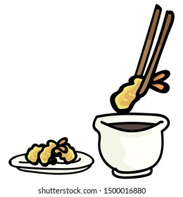 Cute tempura with dipping sauce. Hand drawn Japanese snack clipart. 