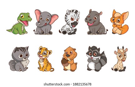 cute ten animals babies cartoon characters vector illustration design