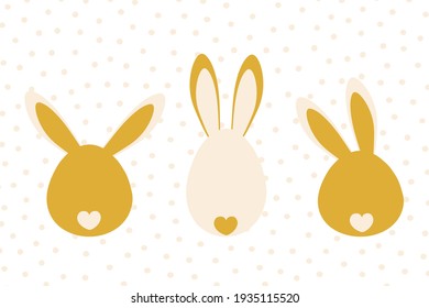 Cute tender bunnies with funny ears for Easter Day. Greeting holiday card in pastel colors. Print for clothes, pillows, children's and kitchen textiles. Vector graphics.