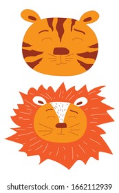 Ilustración portadora de león y tigre tierno, aislada sobre fondo blanco. Kawaii, estilo doodle. Dibujo manual para carteles, tarjetas, pantalones, recién nacidos, ilustración infantil.