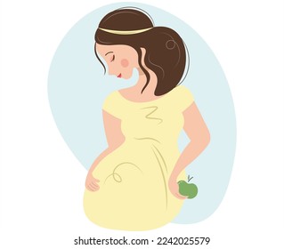 A cute and tender pregnant woman looks at her belly and holds a green apple. Vector illustration on a white and blue background. Hand on stomach. Flat isolated design.