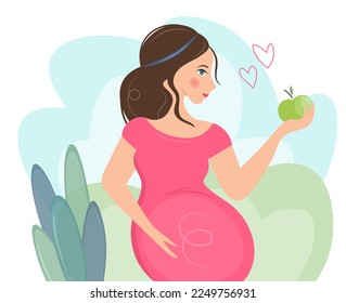 A cute and tender pregnant woman in a red dress looks ahead, holding a green apple in her hands. Vector illustration on the background of nature. Hand on stomach. Flat isolated design.