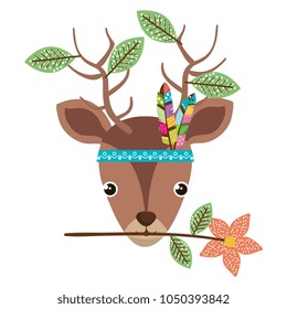 cute and tender reindeer with leafs and feather hat