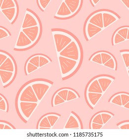 Cute, tender slice of orange fruit seamless pattern. Orange pieces on pink background.