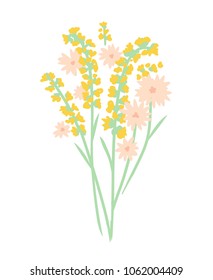 Cute tender spring bouquet of wildflowers. Yellow and pink colors. Vector, isolated