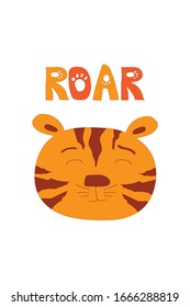 Cute and tender tiger vector illustration with letters ROAR isolated on white background. Kawaii, doodle style icon. Hand drawn cute print for posters, cards, t-shirts, newborn, children.
