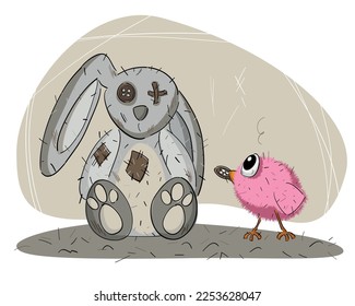 Cute   tender vector drawing little bird   stuffed bunny  Illustration about good feelings  love   respect for others
