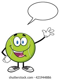 Cute Tennis Ball Cartoon Character Waving With Speech Bubble. Vector Illustration Isolated On White