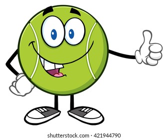 Cute Tennis Ball Cartoon Mascot Character Giving A Thumb Up. Vector Illustration Isolated On White