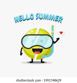 Cute tennis ball mascot wearing diving gear in summer